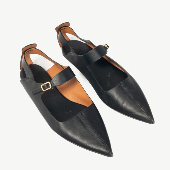 Tibi Rudolph Black Leather Cut-Out Mary-Jane Pointed-Toe Flats - Picture 1 of 10